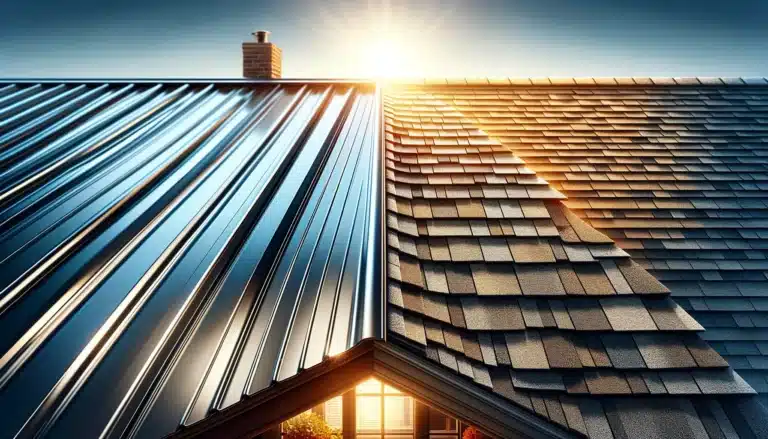 DALL·E 2024 02 05 11.48.01 A comparison image showcasing two types of roofing materials On the left side, a metal roof with its shiny, smooth, and durable characteristics, refl